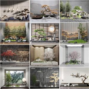 新中式庭院景观小品 共12套SU模型 景观小品SU模型