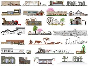 新中式农耕文化景墙 民俗文化墙 景区入口标识 乡村文化宣传围墙 水车景墙 SU模型 景观雕塑墙SU模型