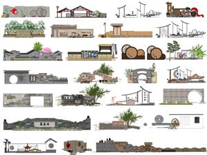 新中式民宿景区入口标识墙 景墙 民俗文化墙 乡村文化宣传墙 围墙 SU模型 景墙SU模型