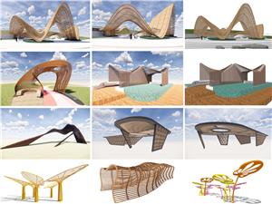 现代异形廊架构筑物 镂空景观长廊 连廊 曲线廊架 艺术线条 公园景观小品SU模型