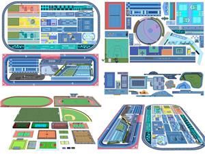 现代运动场地 健身器材 篮球场 足球场 网球场 消防登高面 橡胶跑道 共5套SU模型 球场运动场SU模型