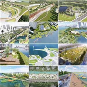 现代滨水景观 湿地公园景观 河道景观 共15套SU模型 公园景观SU模型