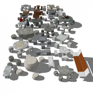 中式石桌 石凳 石台 桌椅 公园坐凳 户外休闲坐凳SU模型 椅凳坐凳SU模型