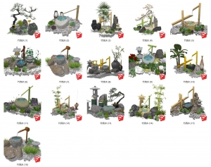 日式禅意自然石水钵 惊鹿 竹流水 石盆 枯山水 竹子跌水水景小品SU模型