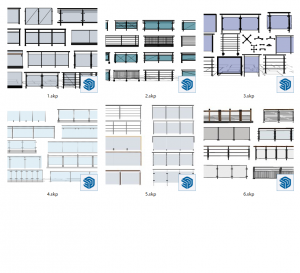 现代玻璃栏杆组合 玻璃护栏 不锈钢栏杆SU模型
