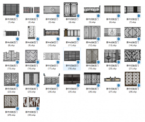 新中式铁艺大门 围墙 围栏 庭院大门 格栅门SU模型