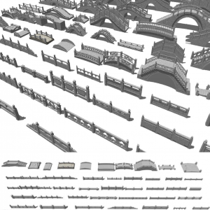 中式石桥 石拱桥 平板桥 石栏杆SU模型